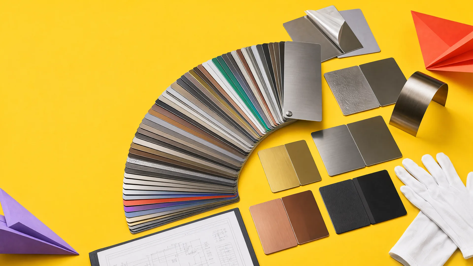 Representative decorative stainless colour and finish material table with physical samples, fold and curve studies