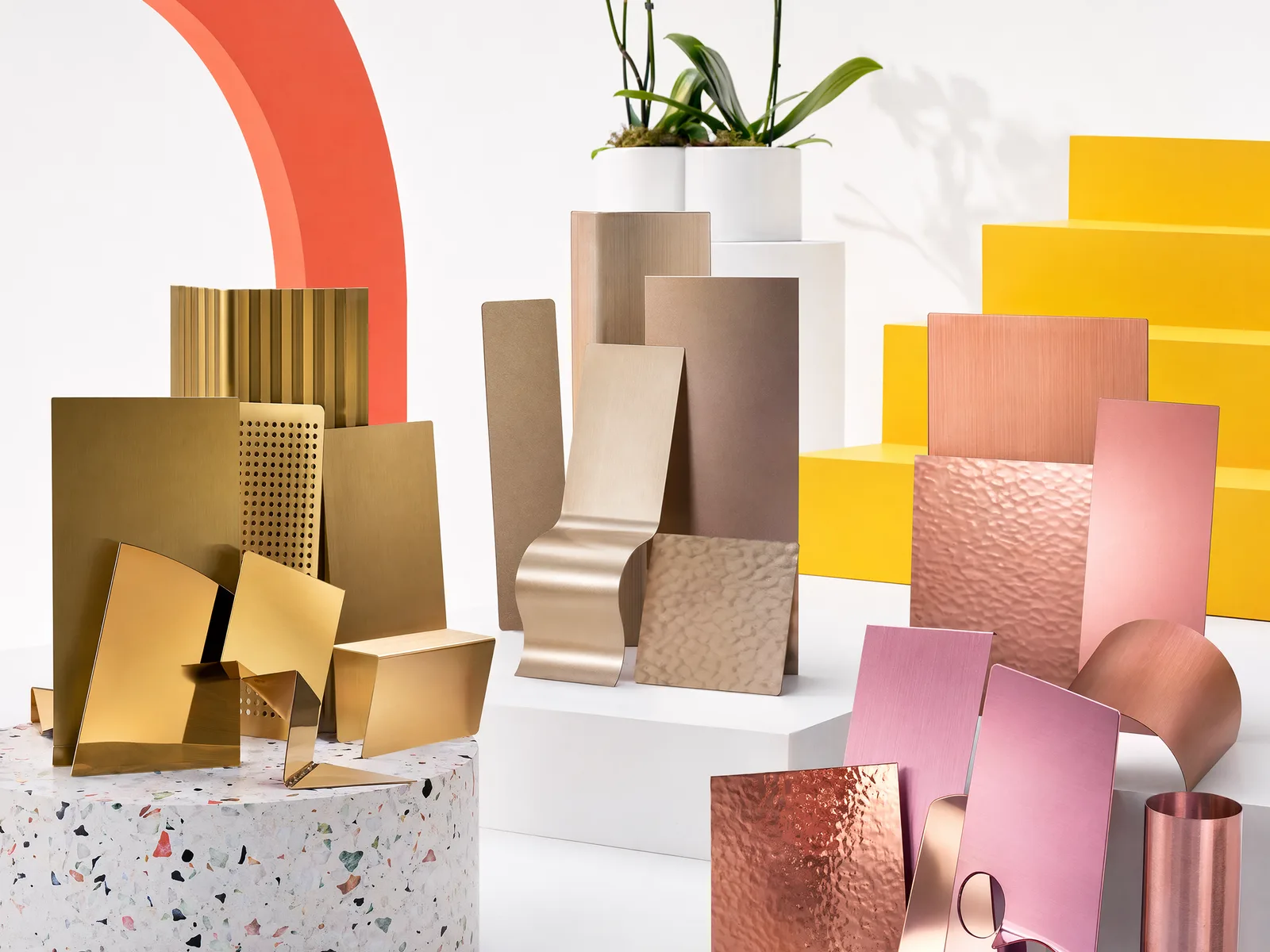 Representative gold, copper and rose decorative stainless sample family