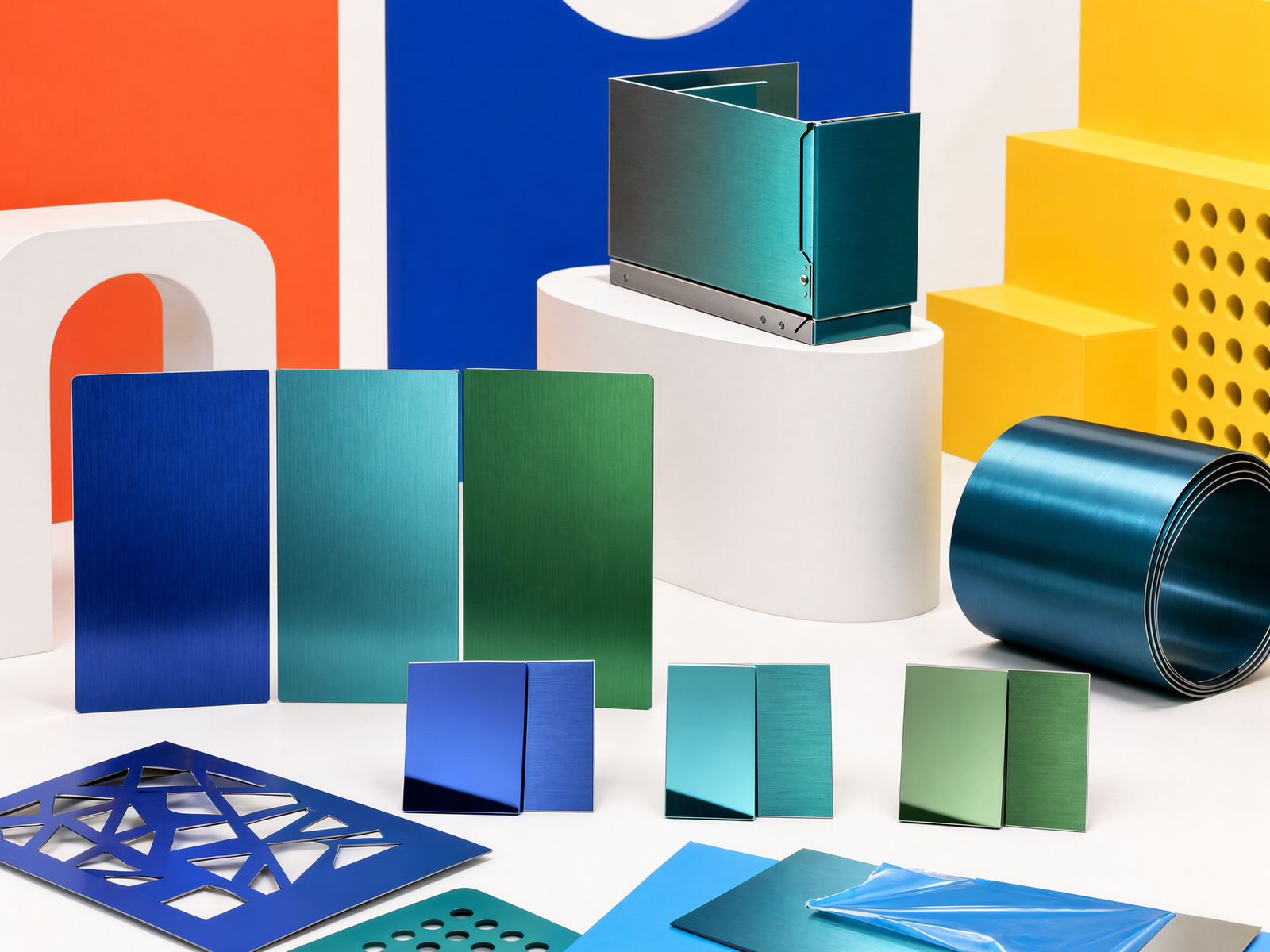 Representative blue, teal and green decorative stainless sample family