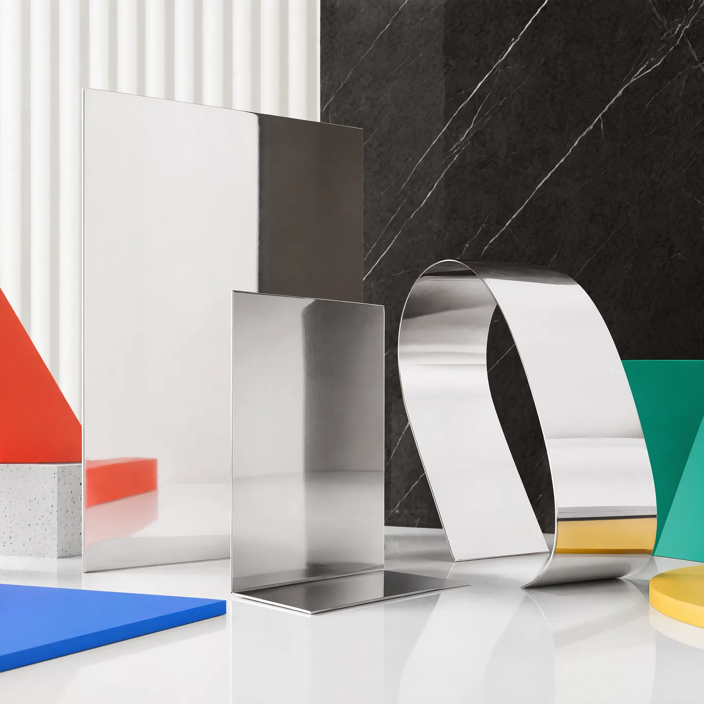 Representative mirror-polished stainless flat, folded and curved specimens