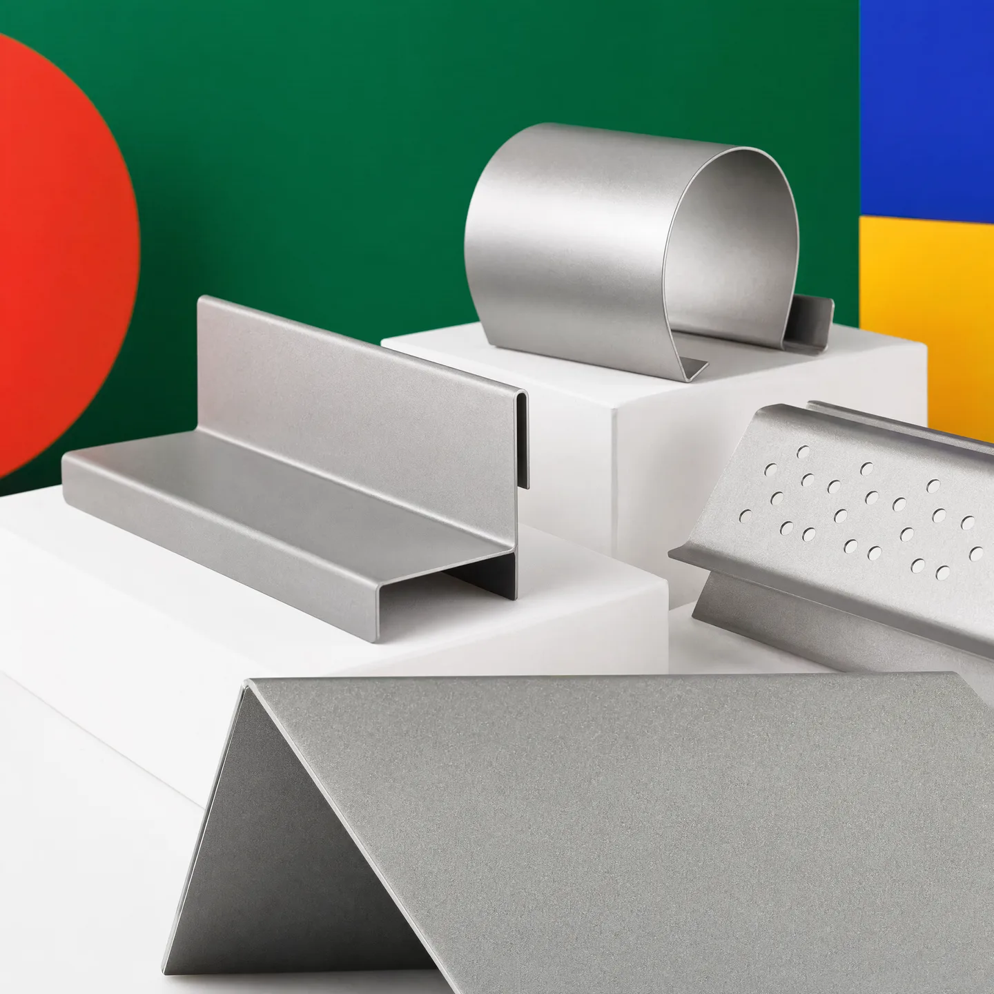 Representative uniform sandblasted stainless surface on flat, folded and curved forms