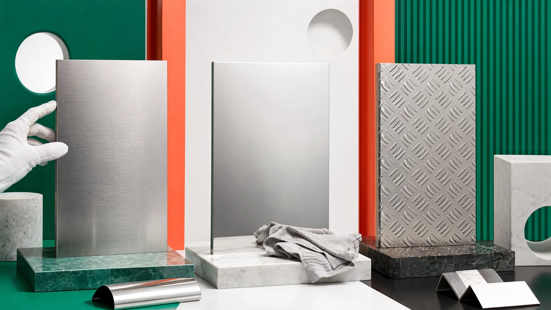 Representative anti-fingerprint, easy-clean and raised anti-slip stainless surface specimens