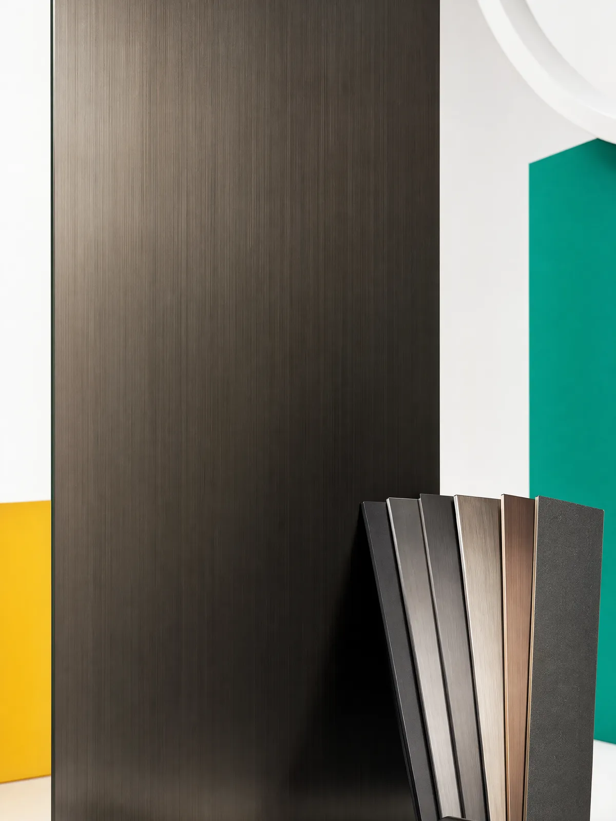 Representative graphite-bronze brushed stainless plate with related physical samples