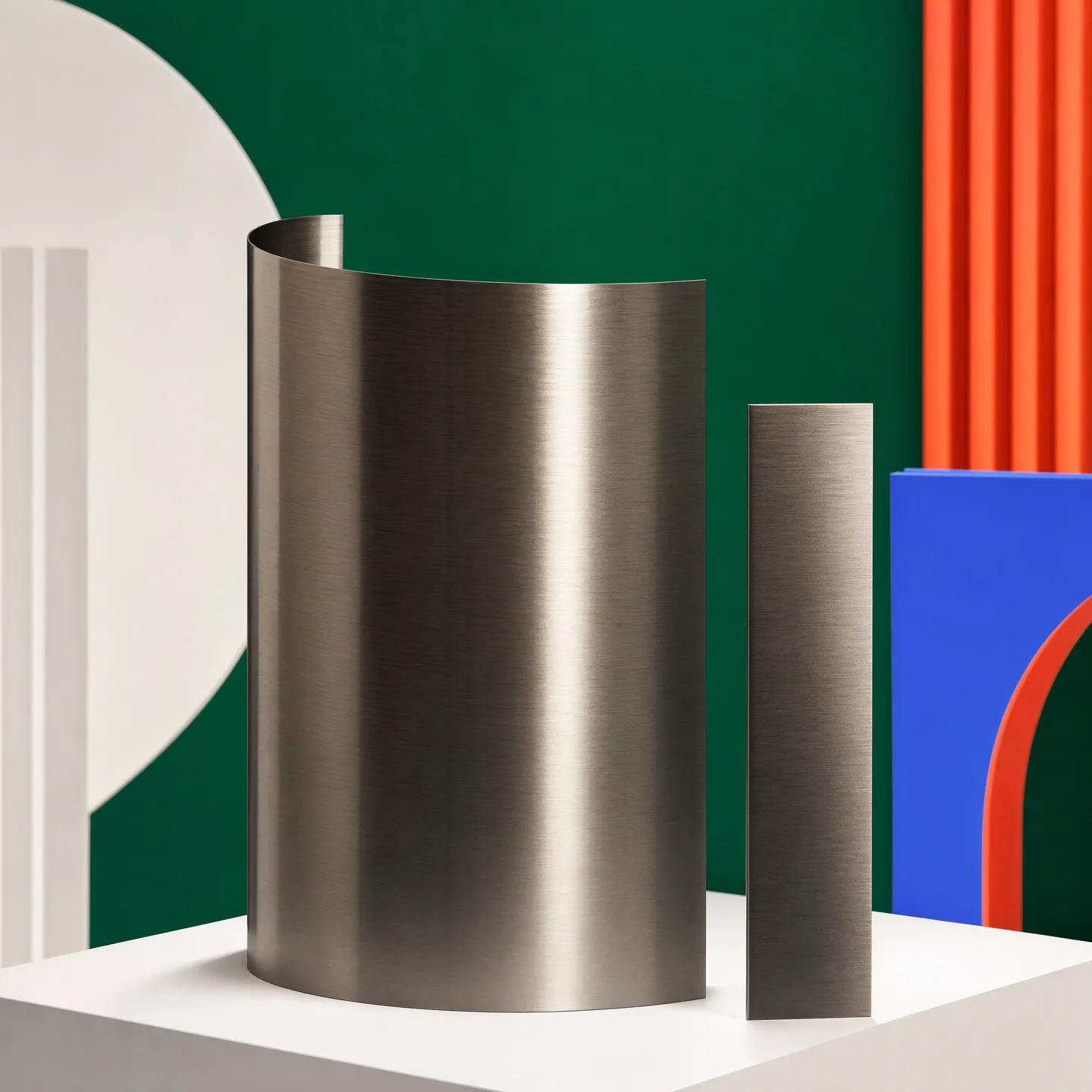 Representative brushed stainless curved column-wrap segment