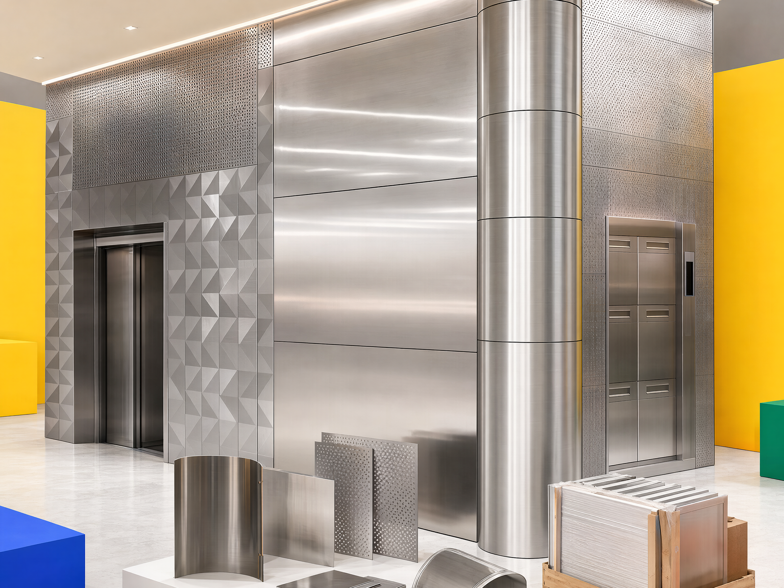 Representative commercial interior package with stainless wall panels, column wraps and lift-related decorative components