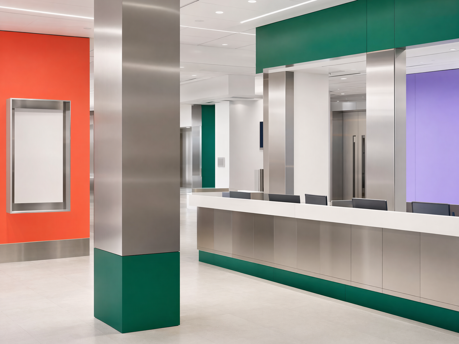 Representative civic public interior with stainless wall panels, service counter cladding and column wraps