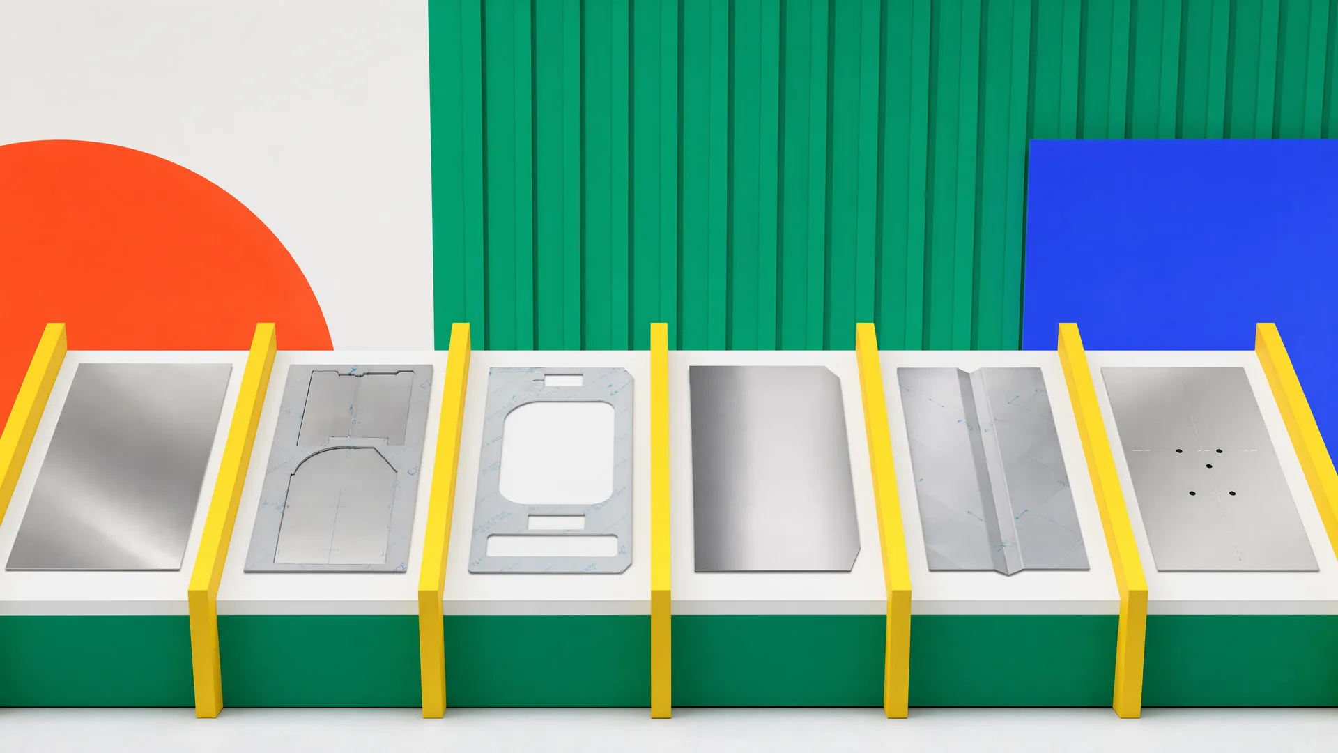 Representative blank, cut, opened, deburred and grooved stainless component states