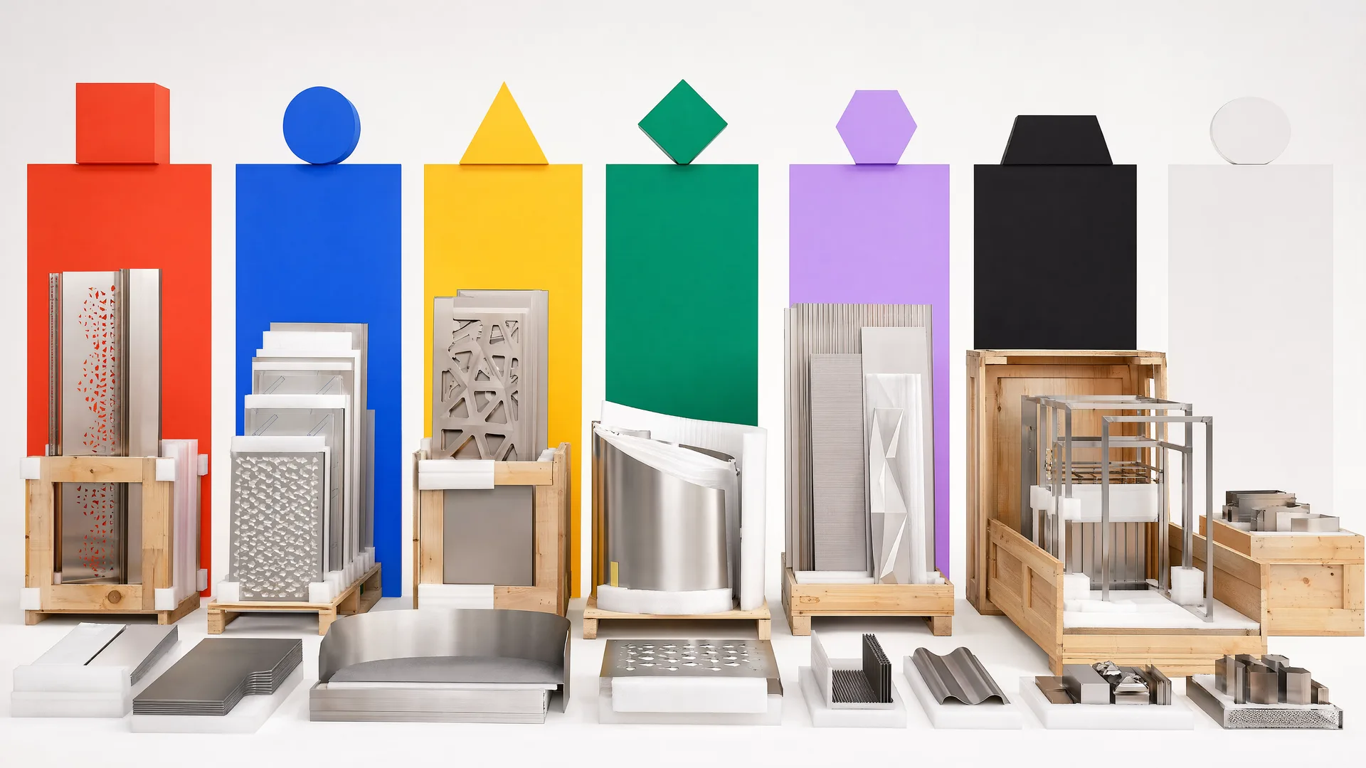 Representative installation-sequenced packing groups with protected stainless components and crates
