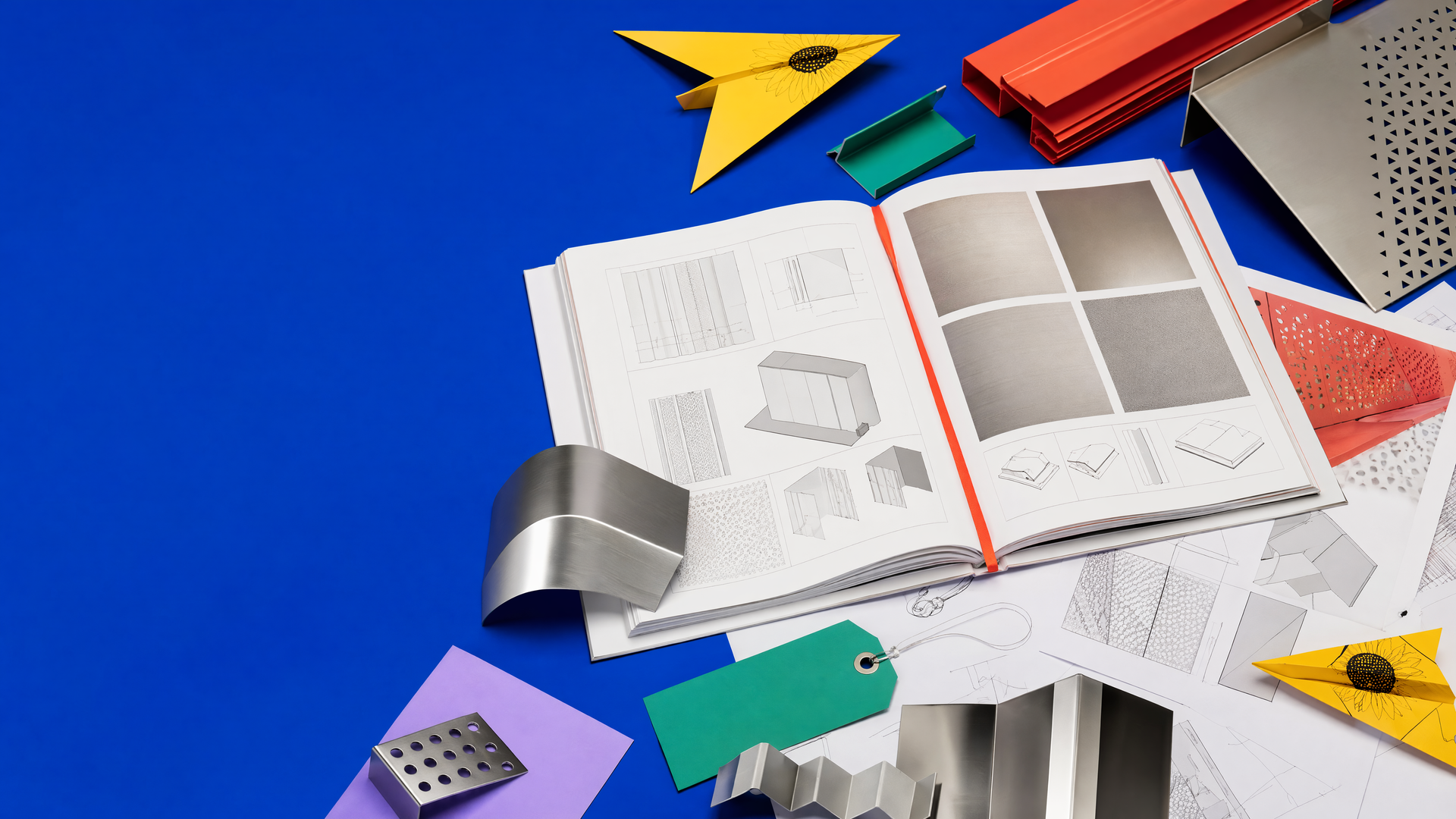 Representative open technical publication with drawings, finish samples, folded parts, grain arrows and packing notes