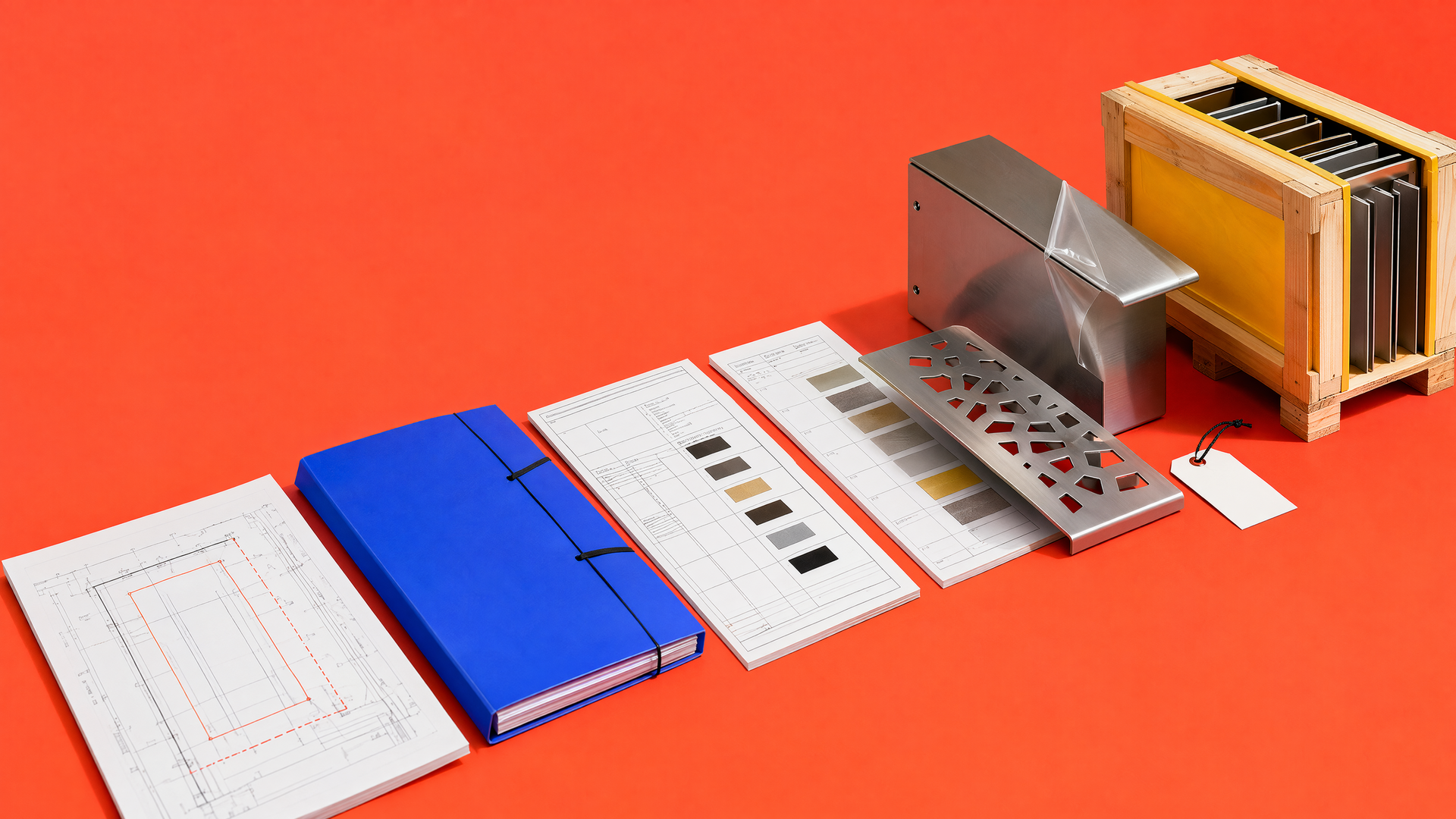 Representative drawing handoff guide still life with sample, first article, BOM and sequenced crate