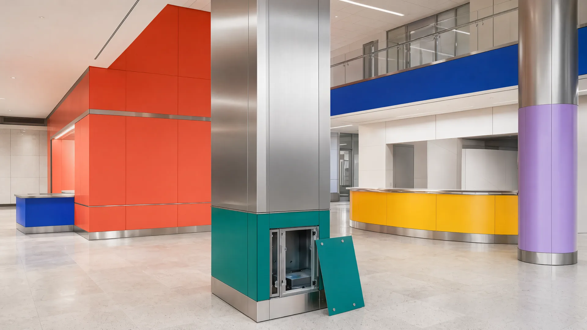 Representative civic lobby with stainless wall panels, column skins and counter cladding