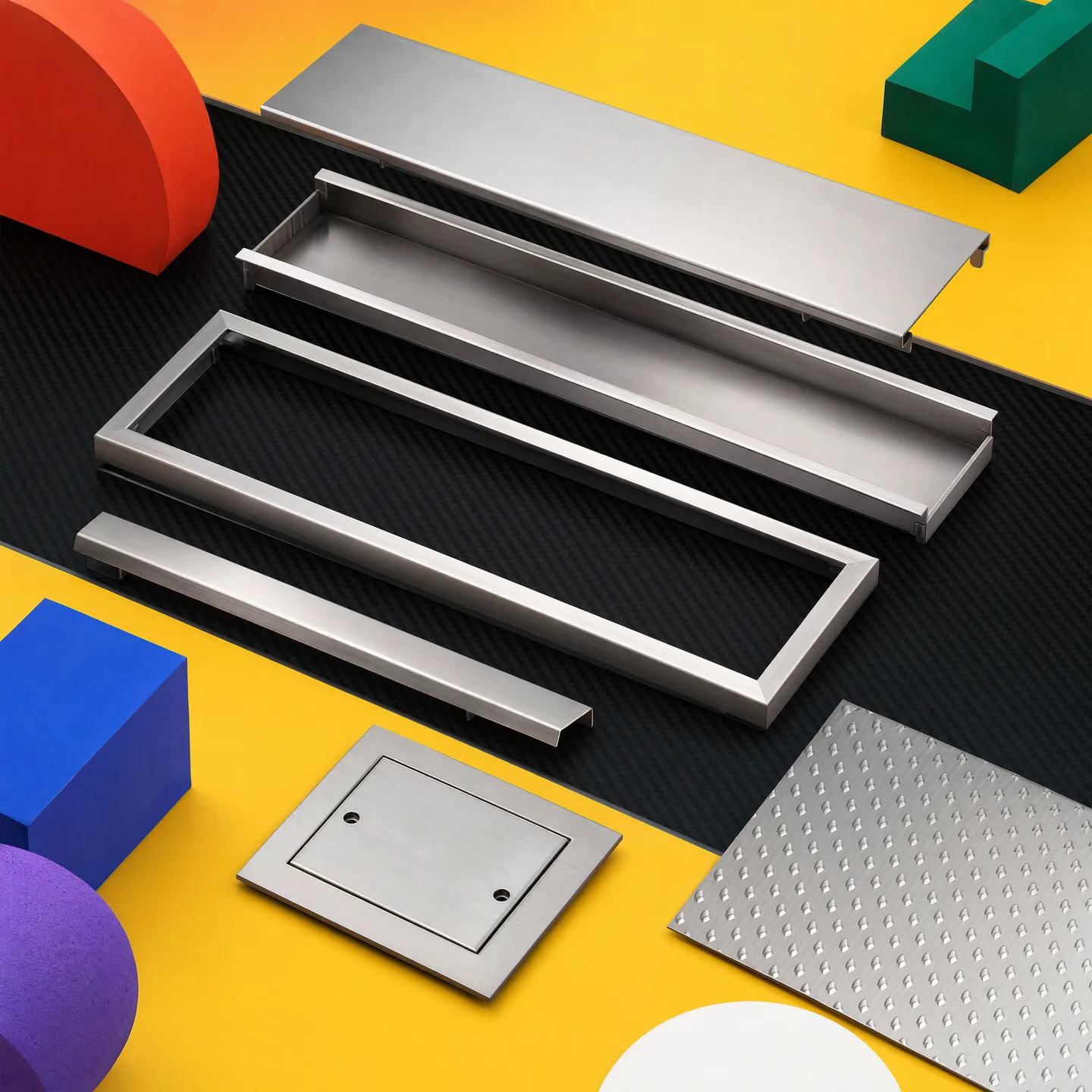 Representative drawing-defined floor channels, trench covers, transition strips and raised-pattern plate