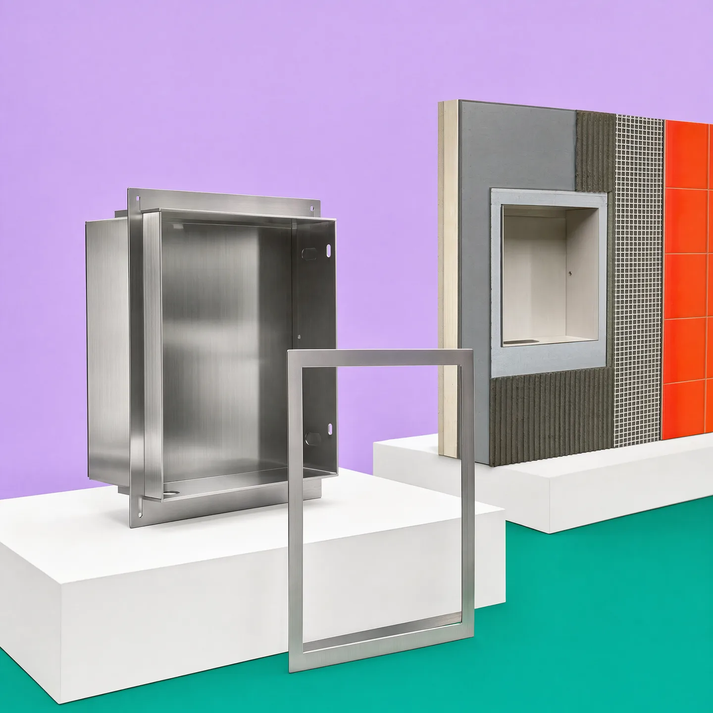 Representative fabricated stainless wet-area niche component separated from a simplified wall build-up