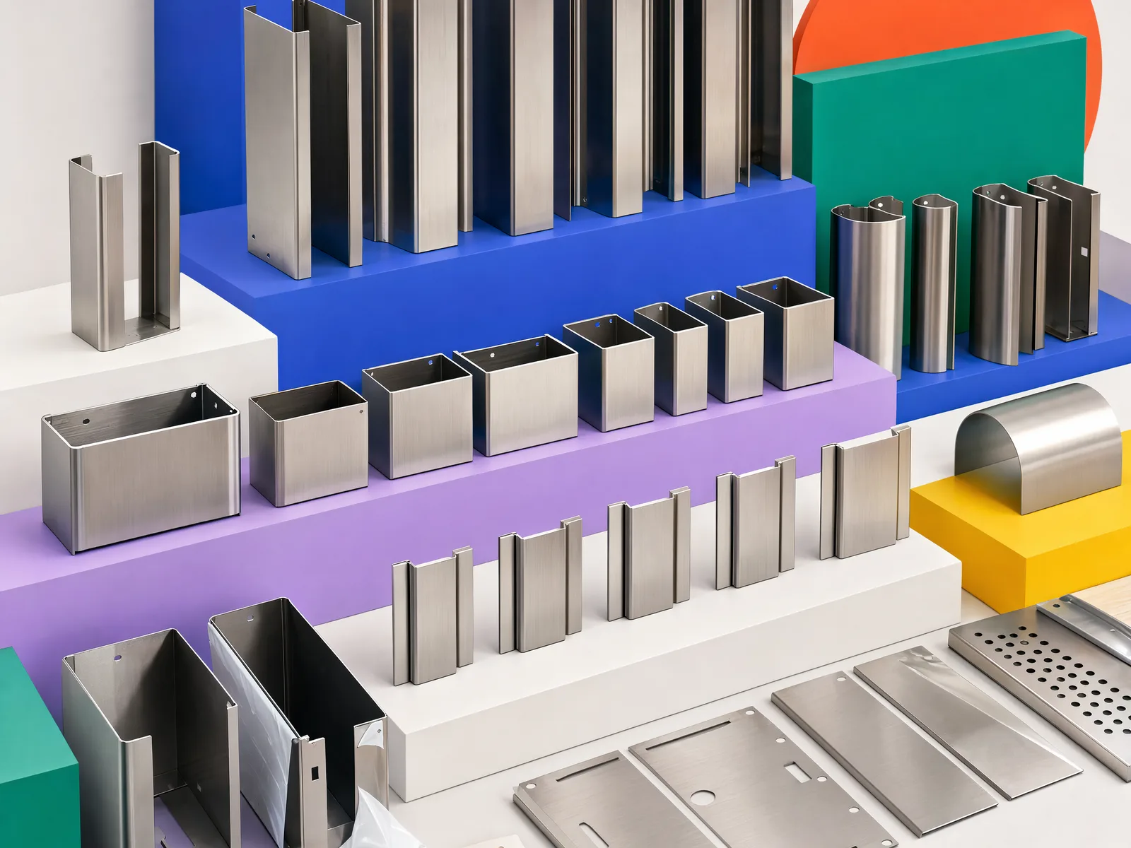 Representative repeated folded stainless OEM appearance parts organised by shape and finish